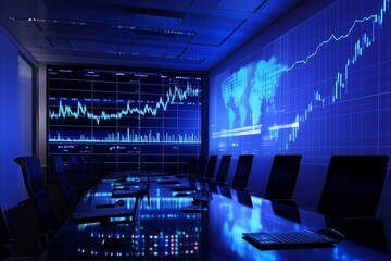 Poster - A modern conference room showcasing real-time financial data on large screens in the evening