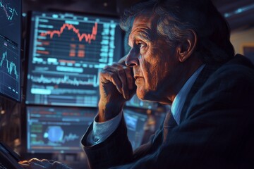 Poster - Senior trader analyzing stock market trends during evening hours in a modern trading room filled with screens
