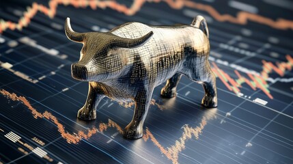 Poster - Golden bull statue stands on financial chart with fluctuating lines representing market trends