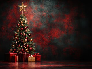 Wall Mural - Decorated Christmas tree with presents on red and green textured background