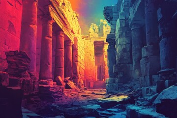 Wall Mural - Ancient Ruins with Colorful Lighting and Stone Pillars