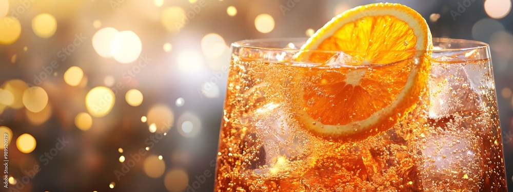 Aperol spritz cocktail with an orange slice and ice cubes in a glass on ...