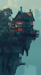 Sticker - Fantasy House on a Cliff - Digital Art