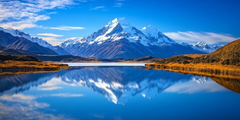 The snow-capped mountains , the magnificent natural scenery reflected in ice and water, blue sky, sunny day. 