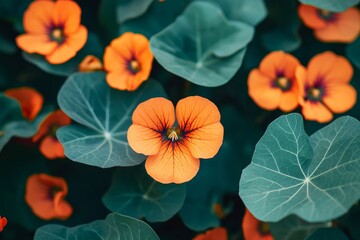 Flowers of the orange garden nasturtium (Tropaeolum majus), close-up