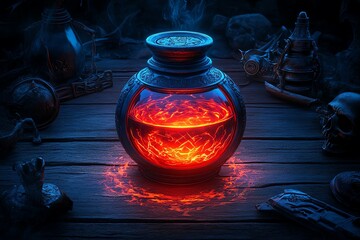 Poster - A sinister potion glowing with red and black light, sitting on an old wooden table surrounded by dark magical artifacts, in a potion fantasy artwork illustration