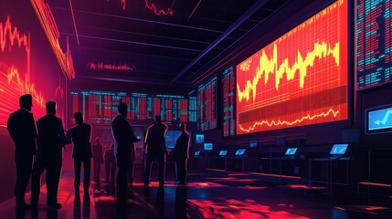 Poster - financial analysts monitor stock market trends in a dimly lit trading room during a volatile trading