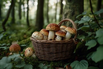 A wicker basket filled with freshly picked mushrooms in a lush, green forest during early morning light