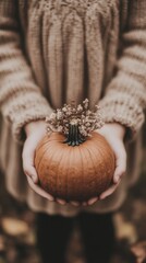 Poster - A person holding a small pumpkin in their hands