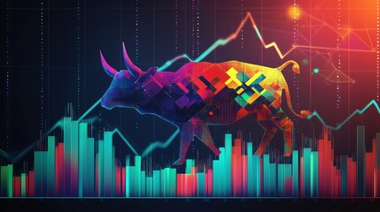 Poster - A colorful bull symbolizing market growth amidst vibrant financial graphs and data analysis