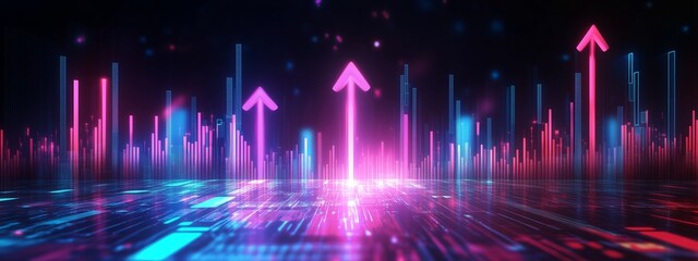 Poster - Colorful digital upward arrows representing growth and progress in a futuristic landscape