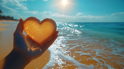 A hand holds a sparkling heart-shaped object against a beach backdrop.