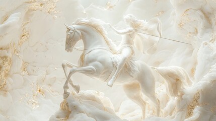 Wall Mural - White Warrior Riding a White Horse Through Whimsical Clouds