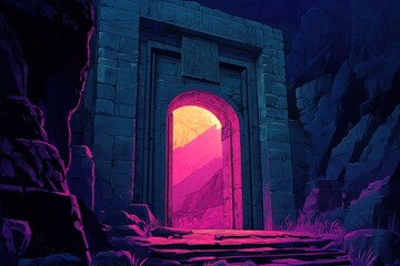 Wall Mural - Ancient Stone Archway Leading to a Pink Mountain Landscape