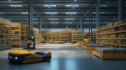 warehouse with high shelves and forklift for logistics