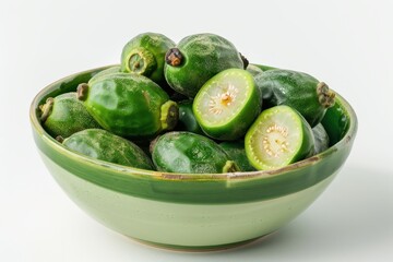 Wall Mural - Green feijoa bowl on right side with white background horizontal view