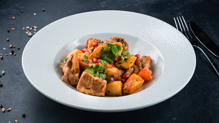 Wall Mural - Hot stewed potatoes with pork meat, tomatoes, onions and herbs, vegetable ragout.