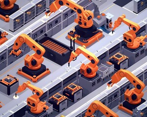Poster - Aerial view of an industrial factory showcasing robotic arms and automated machinery working in synchronization.