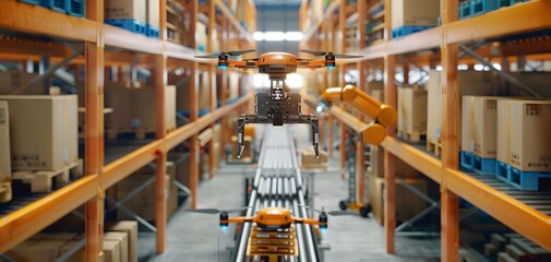 Poster - Automated warehouse showcasing robots efficiently transporting goods along conveyor belts between stacked boxes.