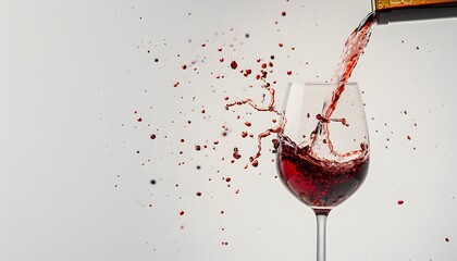 A close-up of the moment when red wine is poured from a bottle into a clear glass.