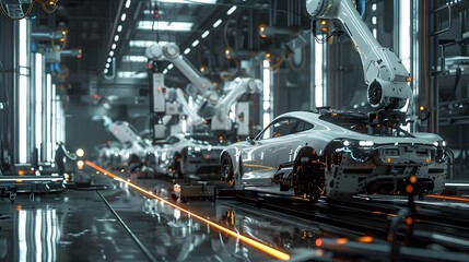 Poster - Futuristic auto assembly line featuring robotic arms and sleek vehicles in a high-tech environment.