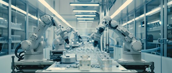 Poster - Futuristic robotic arms collaborating on a production line in a modern factory setting, showcasing advanced automation technology.