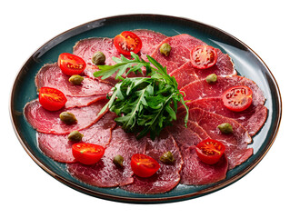 Wall Mural - Portion of beef carpaccio on plate with tomatoes, arugula and capers isolated. Raw meat italian delicatessen