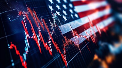 Poster - Data visualization representing stock market fluctuations with an American flag background during the trading day