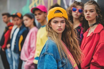 A group of stylish young people poses together in vibrant casual outfits against a colorful urban backdrop in bright daylight