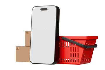 Poster - 3D Shopping basket with mobile phone and cardboard box icon isolated on purple background. Element for Online Shopping, E-Commerce Concept. Minimal Cartoon shopping basket and parcel boxes. 3d render.