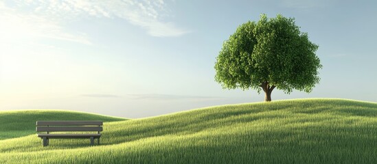 Green landscape featuring a hill a tree and a bench in a 3D rendered background