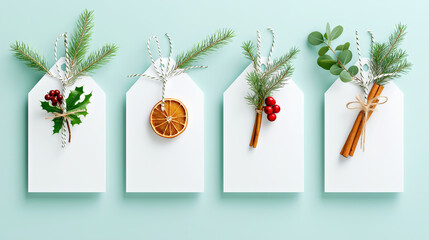 Poster - Christmas Gift Tags with Festive Decor: Pine, Orange Slice, Holly, and Cinnamon Sticks on Light Blue Background