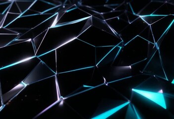Poster - Shiny geometric shapes with reflective surfaces in a dark space.