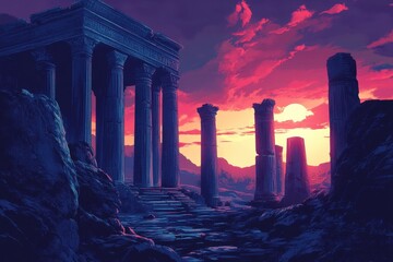 Wall Mural - Ancient Ruins at Sunset with Pink and Purple Sky