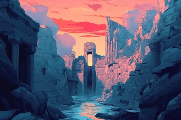 Wall Mural - Ancient Ruins and a River at Sunset