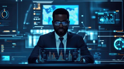 African American Businessman Using Digital Interface in Office Environment