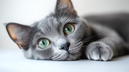 A close-up of a gray cat with striking green eyes, resting and looking curiously.