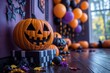 © Pink Zebra - Halloween decoration with pumpkin lanterns and autumn accents against a backdrop of festive balloons