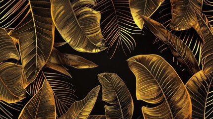 Tropical leaf Wallpaper, Luxury nature leaves pattern design, Golden banana leaf line arts, Hand drawn outline design for fabric , print, cover, banner and invitation