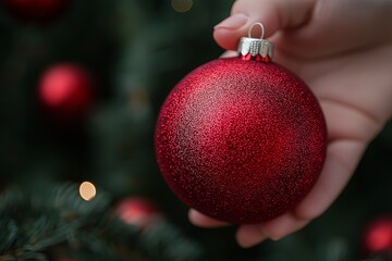 Wall Mural - Closeup of woman hand holding red christmas ball on Christmas tree background