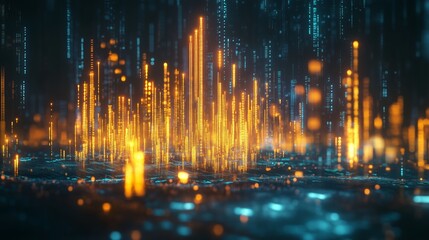 Poster - Dynamic visualization of glowing data streams in a futuristic digital landscape at night