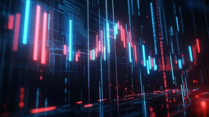 Poster - Dynamic digital trading data visualization with vibrant blue and red lines representing market fluctuations