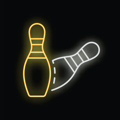 Wall Mural - Yellow neon sign of a bowling pin falling over on a black background