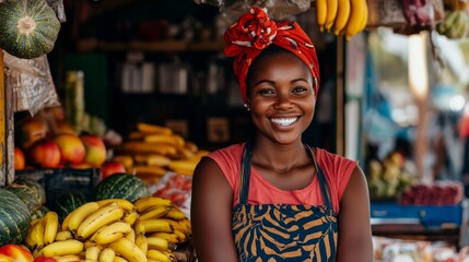 A cheerful young cashier welcomes customers at her lively market stall overflowing with fruits