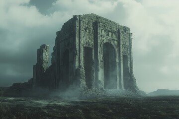 Wall Mural - Ruins of a Stone Archway in a Foggy Landscape