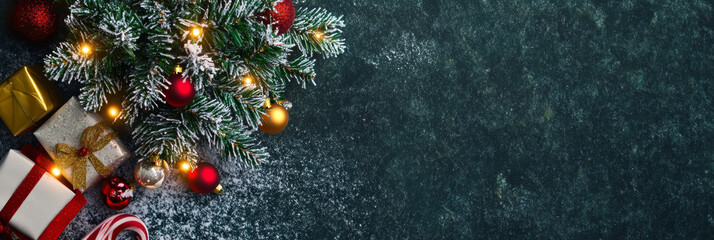 Wall Mural - Christmas baubles glass balls and pine branches. Horizontal banner web poster, header for website minimal design. Xmas holiday background. Festive border