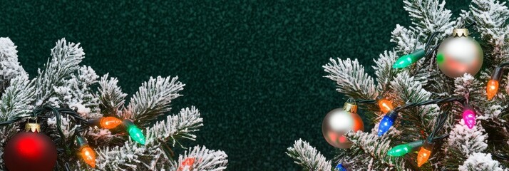 Wall Mural - Christmas baubles glass balls and pine branches. Horizontal banner web poster, header for website minimal design. Xmas holiday background. Festive border