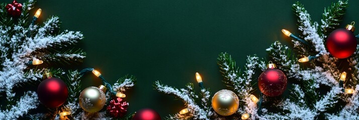 Wall Mural - Christmas baubles glass balls and pine branches. Horizontal banner web poster, header for website minimal design. Xmas holiday background. Festive border