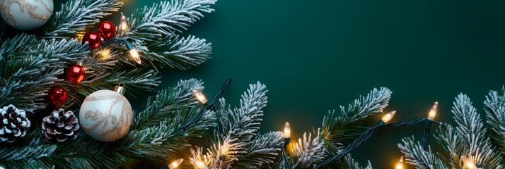 Wall Mural - Christmas baubles glass balls and pine branches. Horizontal banner web poster, header for website minimal design. Xmas holiday background. Festive border