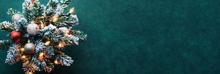 Wall Mural - Christmas baubles glass balls and pine branches. Horizontal banner web poster, header for website minimal design. Xmas holiday background. Festive border